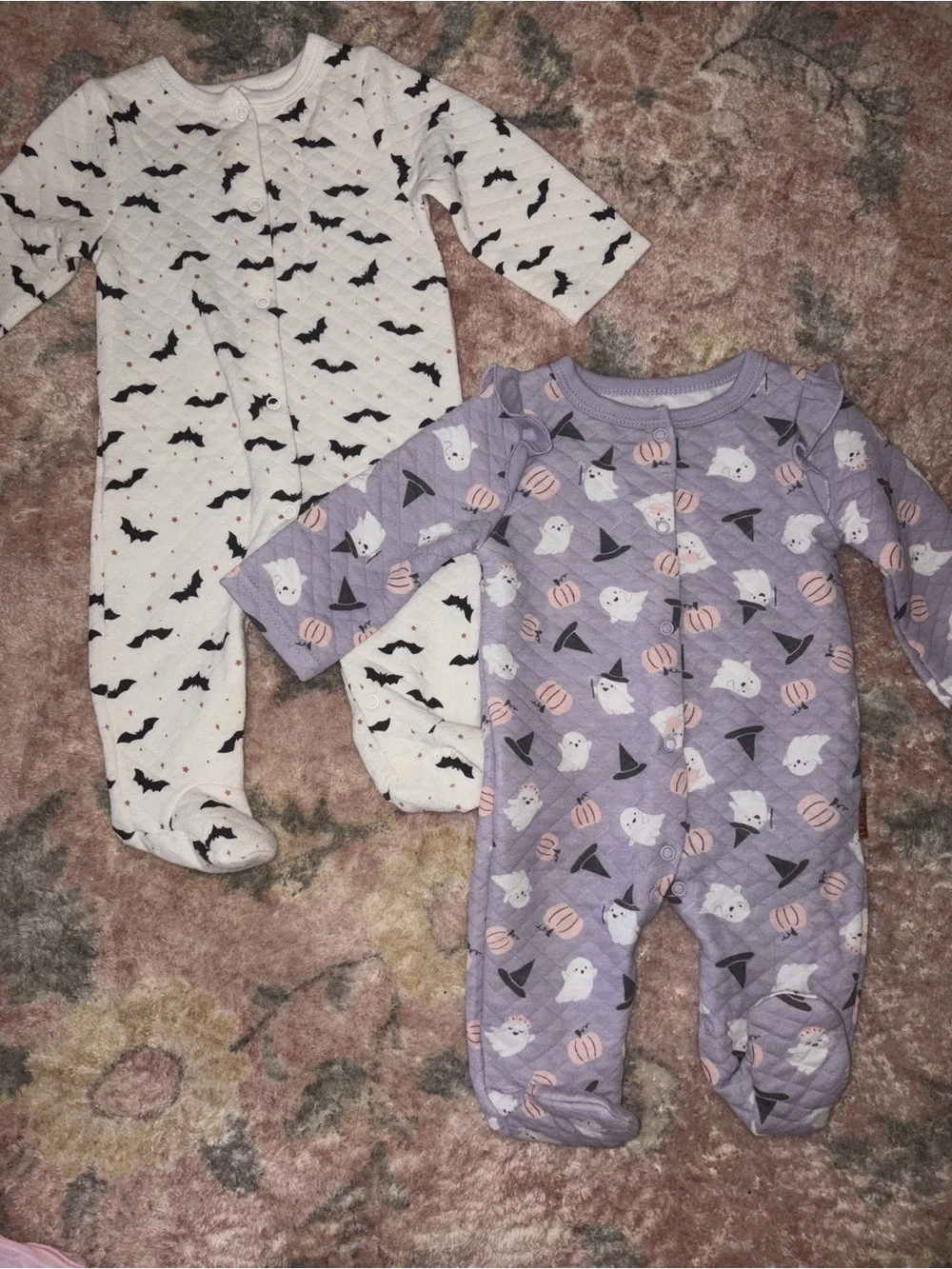 Halloween Bat & Ghost Quilted Footie Pajamas for Kids - Lavender and White